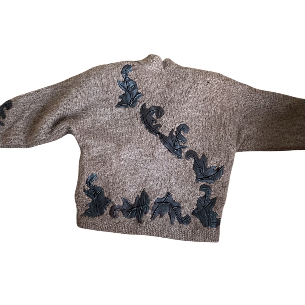 Vintage Mohair & Wool Leather Patchwork Cardigan Jacket Knit Sweater - Picture 5 of 15